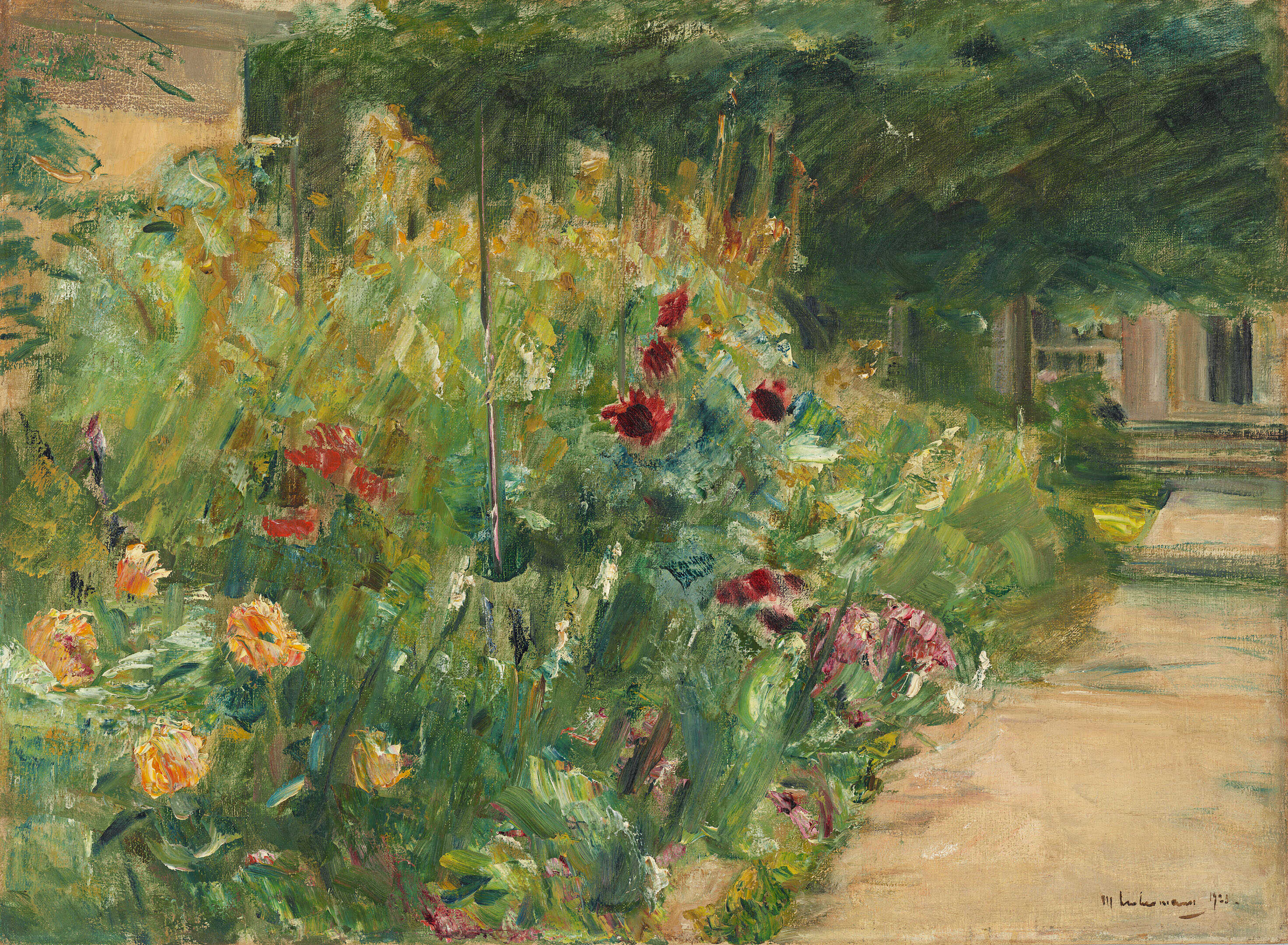 Max Liebermann, Blumenstauden am Gärtnerhäuschen nach Osten, 1923, Öl auf Leinwand, 55,5 x 75,5 cm, Privatsammlung